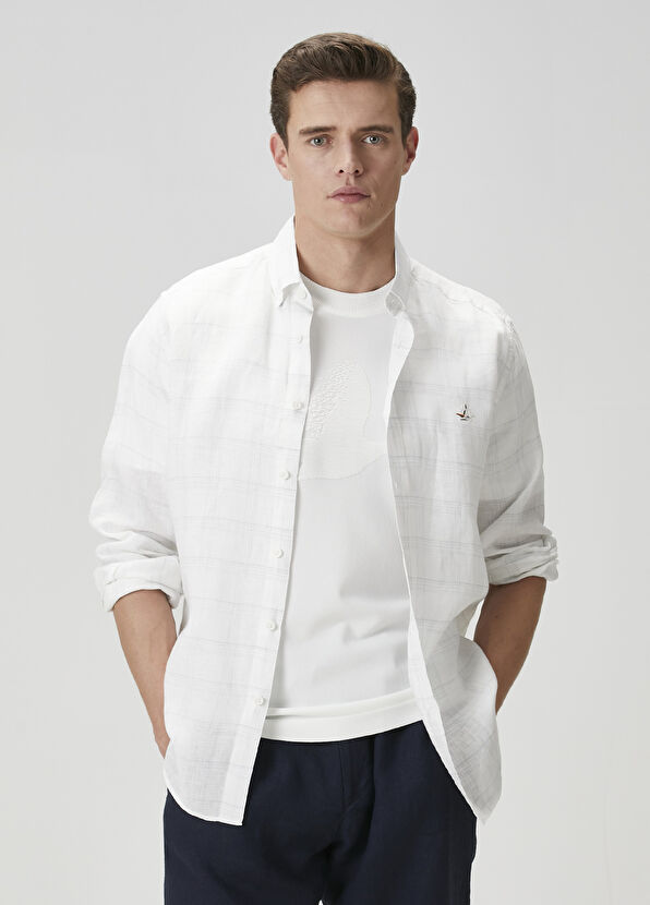 Beymen Club Comfort Fit Beyaz Ekose Desenli Keten Gömlek - 1