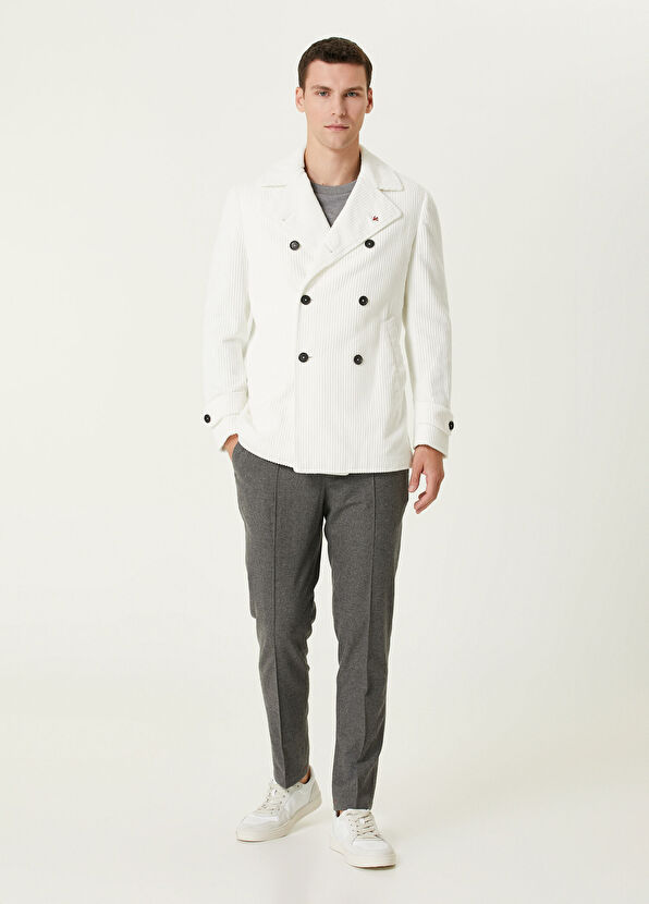 Isaia Beyaz Kruvaze Kadife Kaban - 2