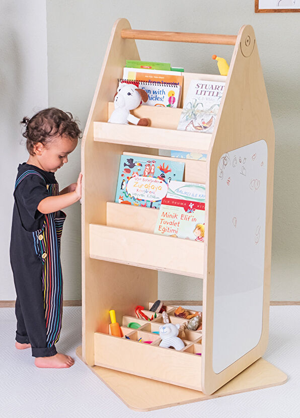 Orfis Kids Montessori Huş Ahşap Yazı Tahtalı Döner Çocuk Kitaplık 113 cm - 3