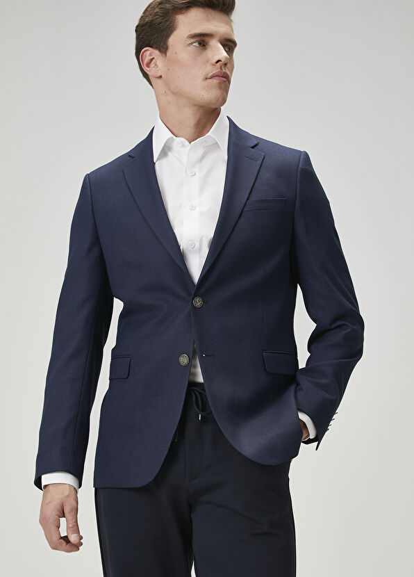 Navy Blue Eyelet Textured Blazer Beymen Club Navy Blue Eyelet Textured Blazer - 4