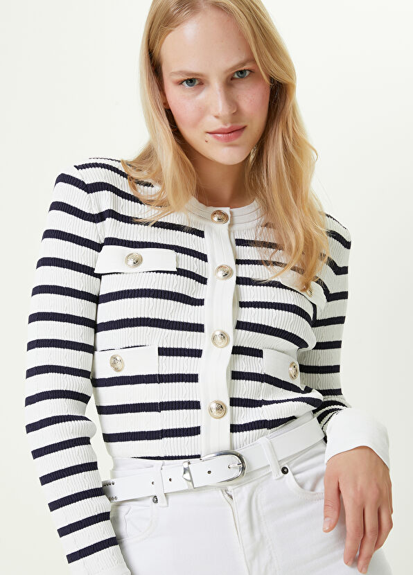 Beymen Club Navy White Striped Cardigan with Pocket Detail - 2