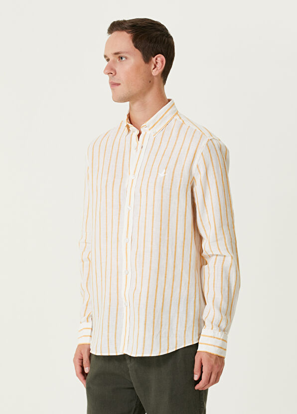 Beymen Club Comfort Fit White Yellow Linen Shirt - 2