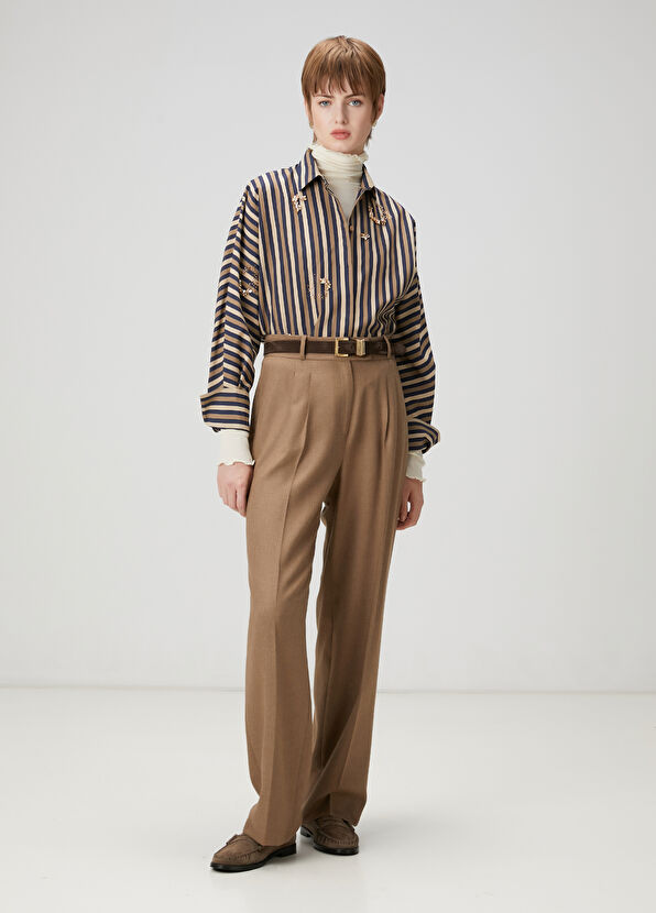 Beymen Club Navy Blue Beige Striped Embroidered Shirt - 2