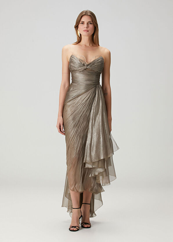 Jolie Kahverengi Maksi İpek Abiye Elbise - Görsel 3