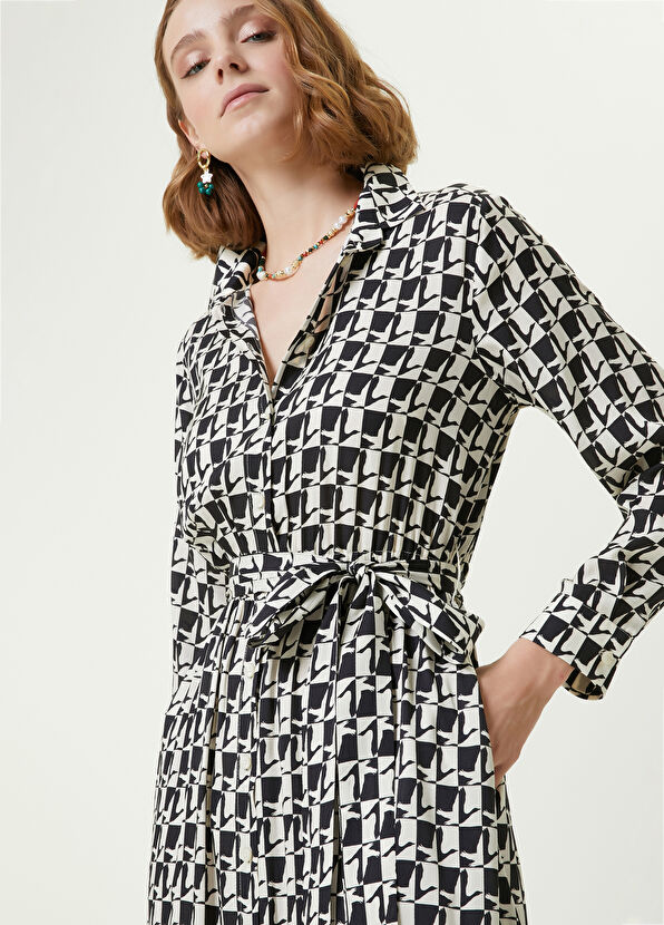 Beymen Club Siyah Beyaz Kaz Desenli Midi İpek Gömlek Elbise - 2