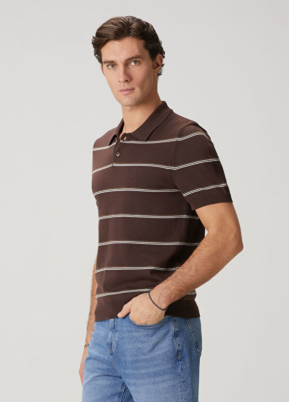 Beymen Club Brown Ecru Striped Cotton Polo Knitwear - 4