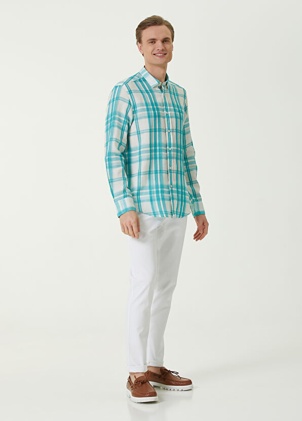 Beymen Club Comfort Fit Turkuaz Ekose Desenli Keten Gömlek - 2