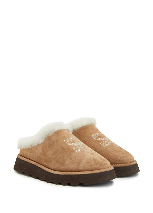 Taba Shearling Detaylı Kadın Deri Terlik - Görsel 3