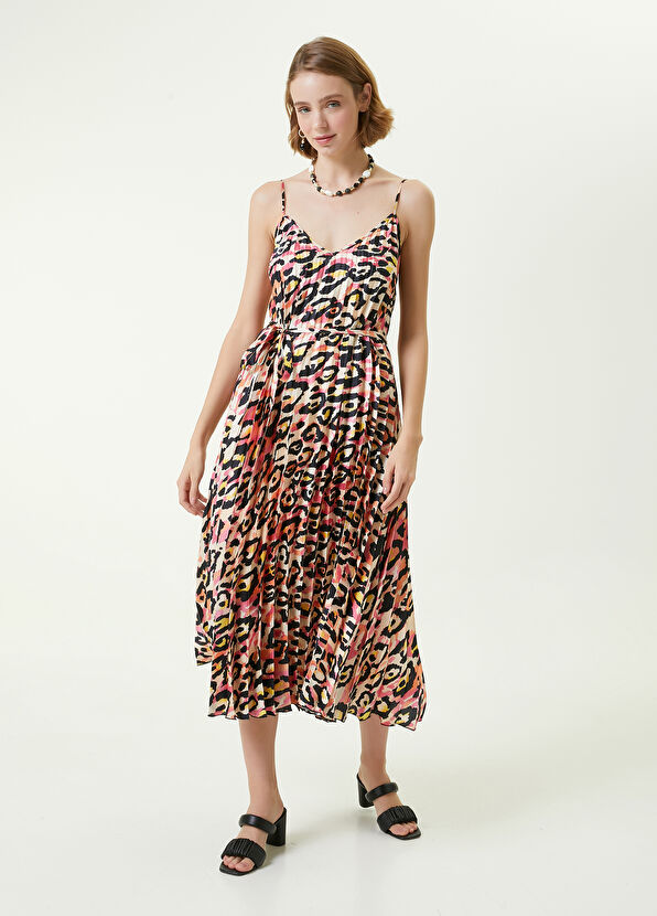 Beymen Club V Yaka Leopar Desenli Pilili Midi Elbise - 3