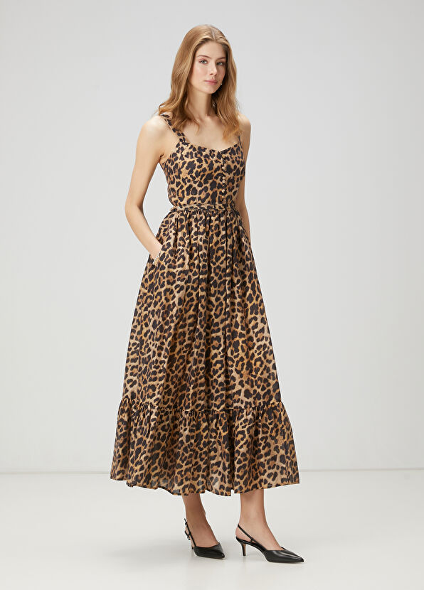 Beymen Club Kahverengi Leopar Desenli Midi Elbise - 4