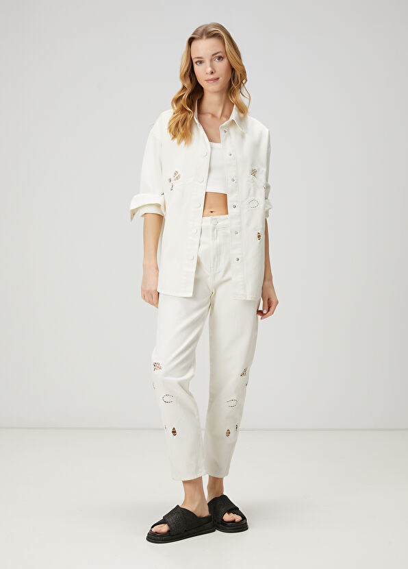 Beymen Club Mom Fit Kırık Beyaz Nakışlı Jean Pantolon - 1