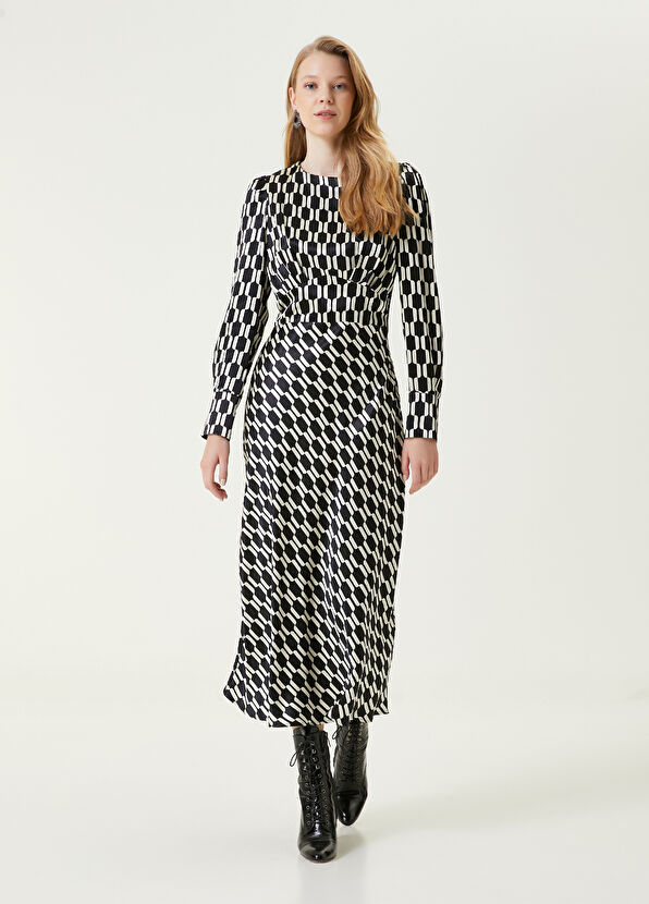 Beymen Club Black and White Patterned Midi Satin Dress - 2
