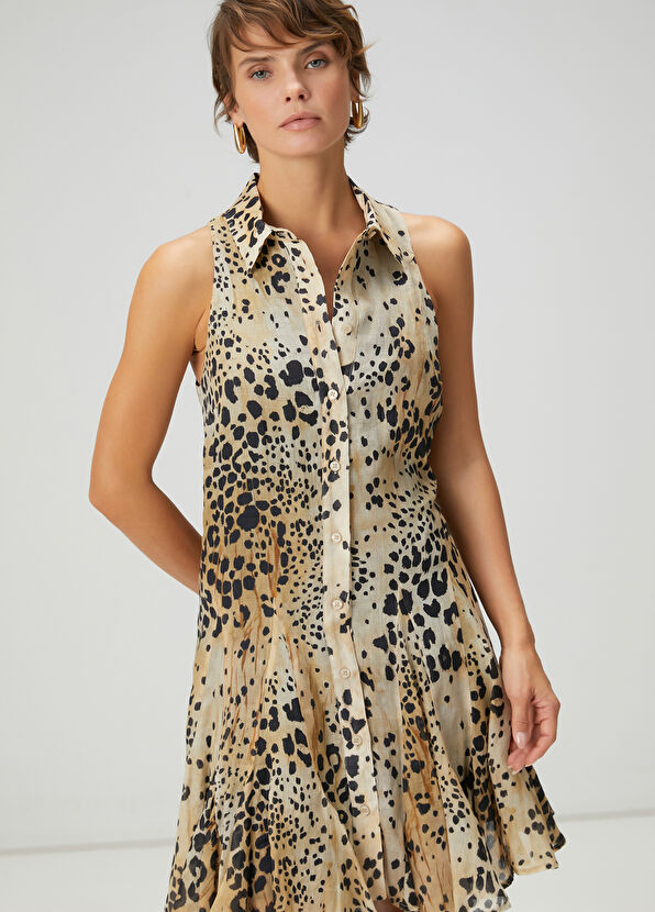 Beymen Club Beige Leopard Print Mini Linen Dress - 2