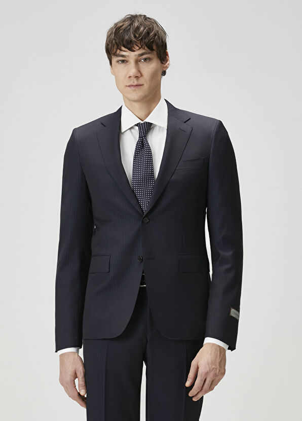 Lacivert Çizgi Desenli Yün Takım Elbise - Görsel 3