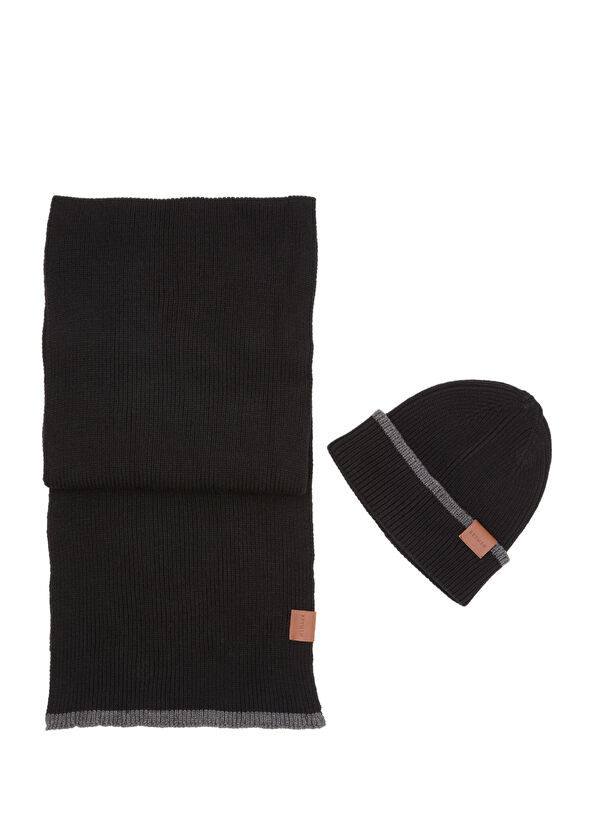 Siyah Çizgi Detaylı Unisex Atkı Bere Seti - Görsel 2