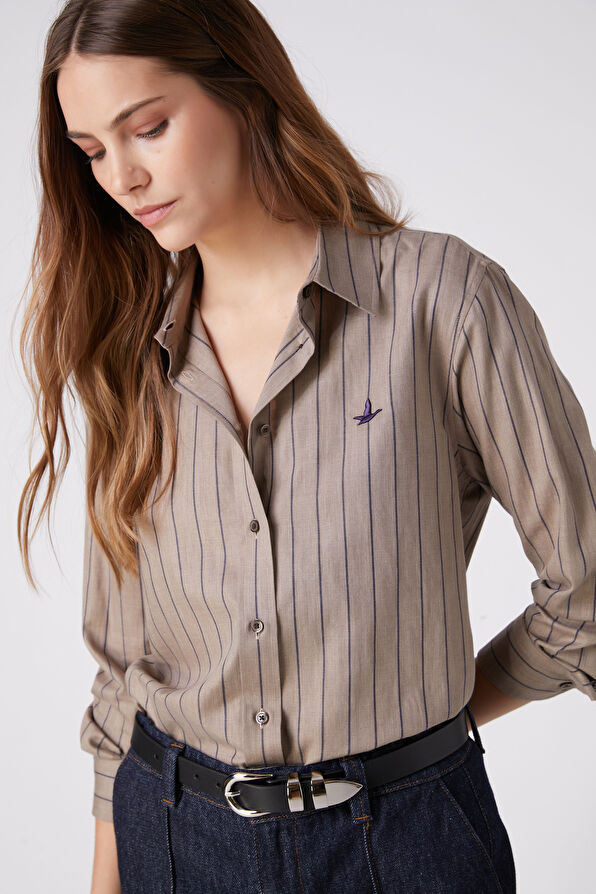 Beymen Club Regular Fit Taupe Striped Shirt - 2