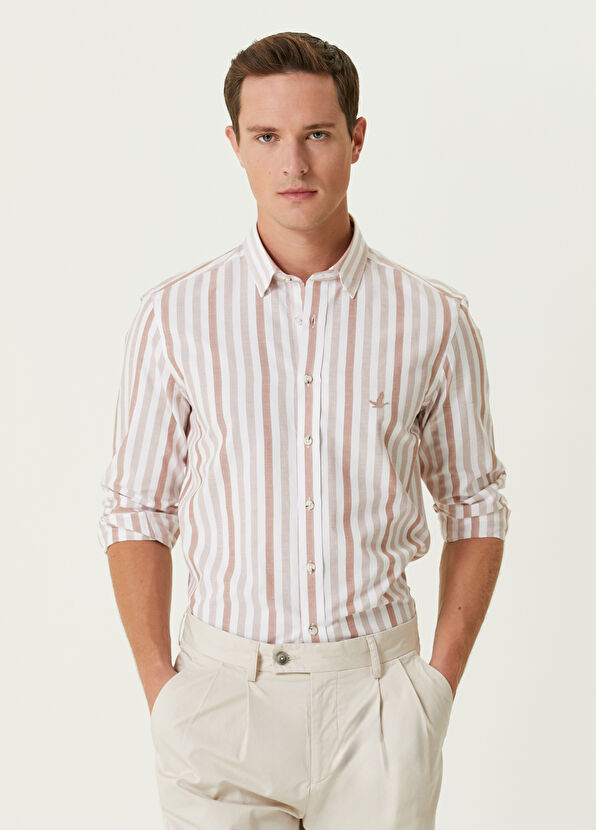 Beymen Club Slim Fit Kahverengi Beyaz Organik Pamuk Gömlek - 1