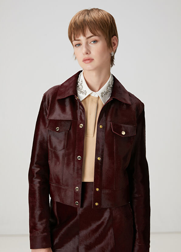 Beymen Club Bordo Tay Tüyü Deri Trucker Ceket - 3