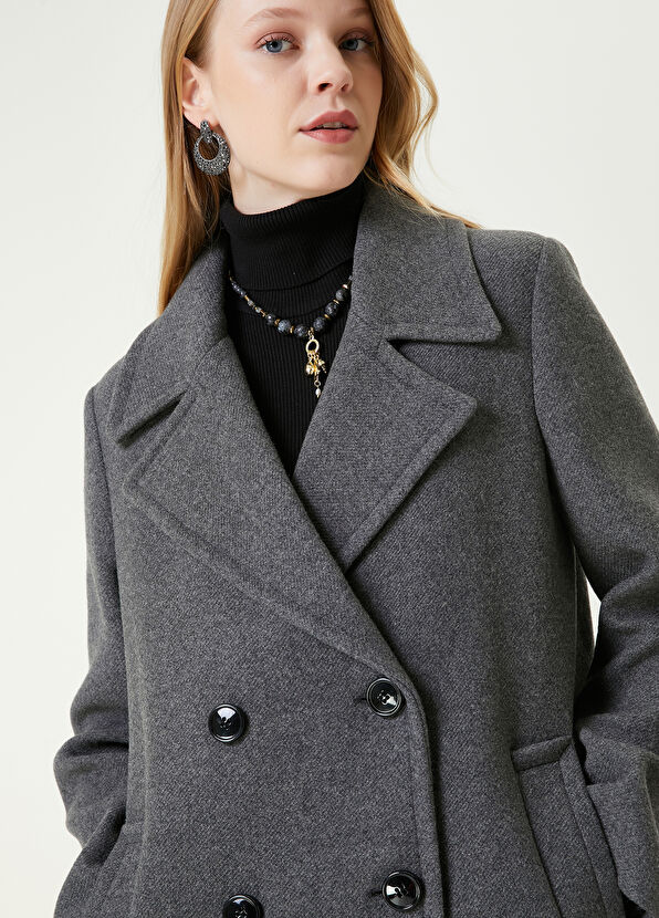 Beymen Club Gri Melanj Kruvaze Yün Kaşe Palto - 4