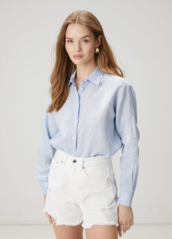 Beymen Club Blue Paisley Patterned Linen Shirt - 1