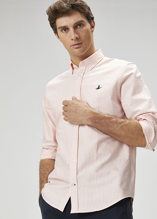 Beymen Club Comfort Fit Orange Striped Oxford Shirt - 1