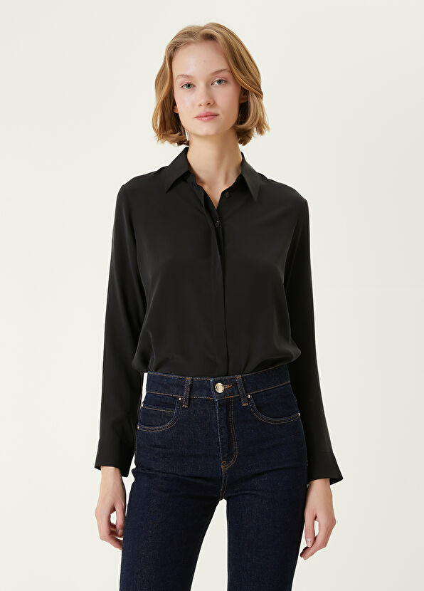 Siyah Kesik Yaka Klasik İpek Gömlek - Görsel 3