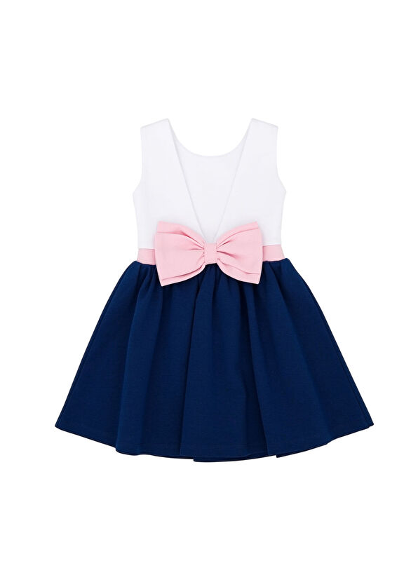 Beyaz Lacivert Arkası Kurdelalı Kız Çocuk Elbise - Görsel 4