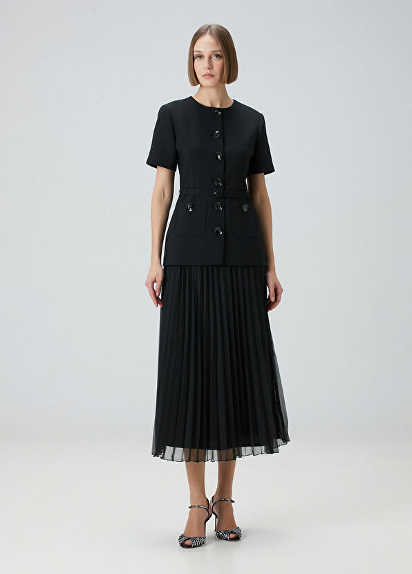 Siyah Çiçek Düğmeli Midi Elbise - Görsel 5