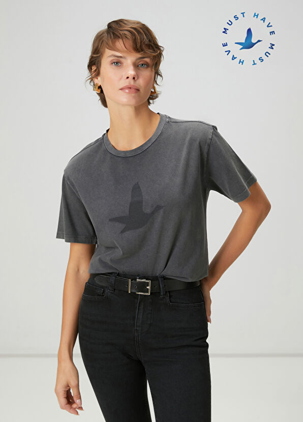 Beymen Club Antrasit Flok Kuş Baskılı T-shirt - 1