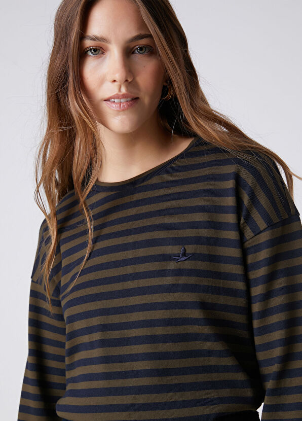 Beymen Club Khaki Navy Blue Striped Sweatshirt - 2
