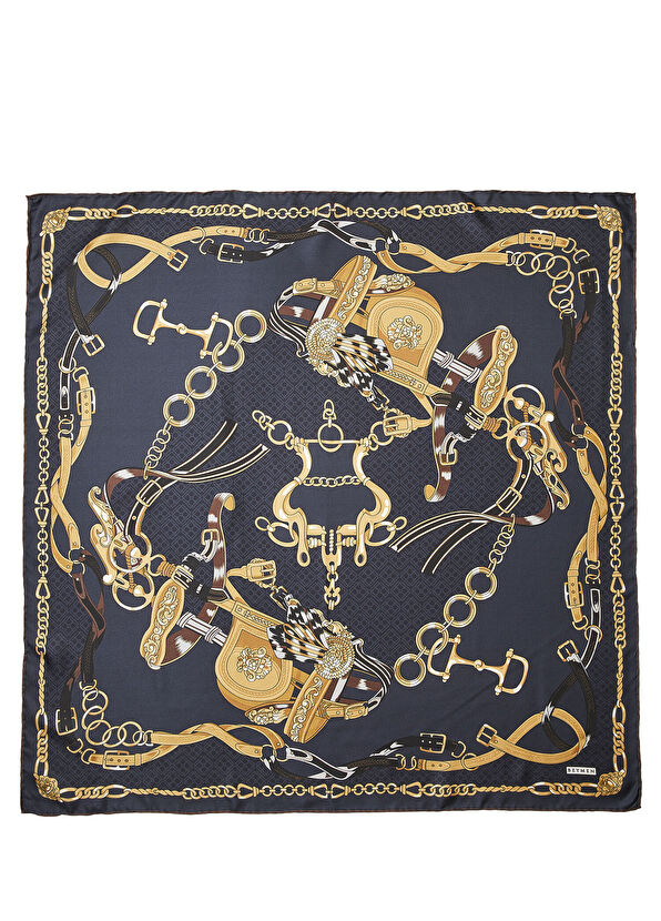 Beymen Lacivert Desenli İpek Eşarp - 1