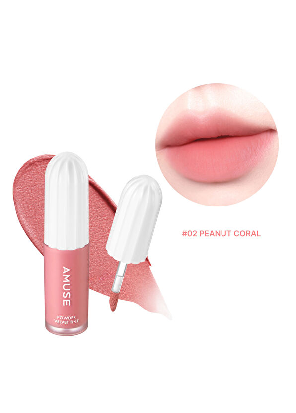 Amuse Powder Velvet Tint #02 Peanut Coral 12 Saate Kadar Kalıcı Yüksek Pigmentli Kadifemsi Dokulu Pantenollü Tint 3.3 gr  - 2