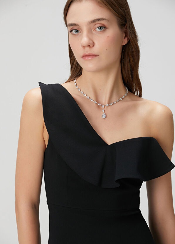 Siyah Tek Omuzlu Midi Kokteyl Elbise - Görsel 3