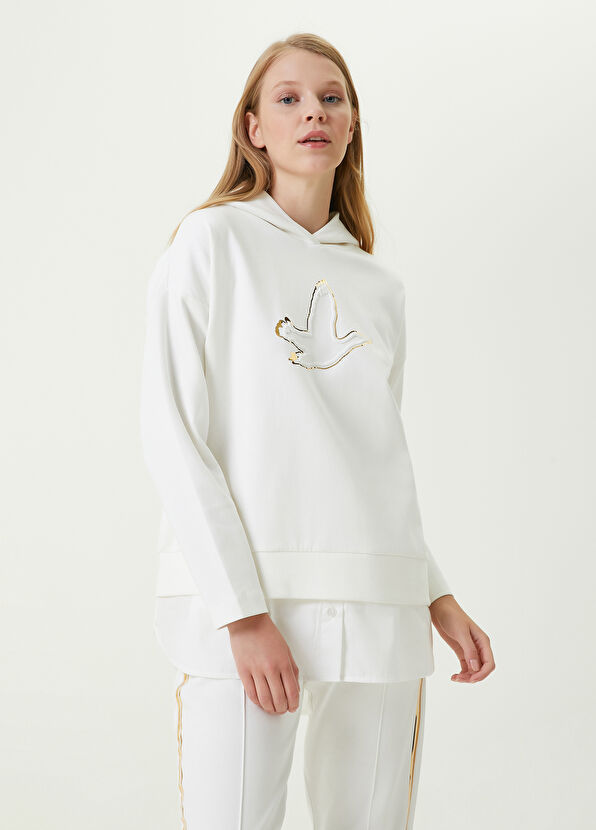 Beymen Club Beyaz Gold Kapüşonlu Gofre Logolu Sweatshirt - 1