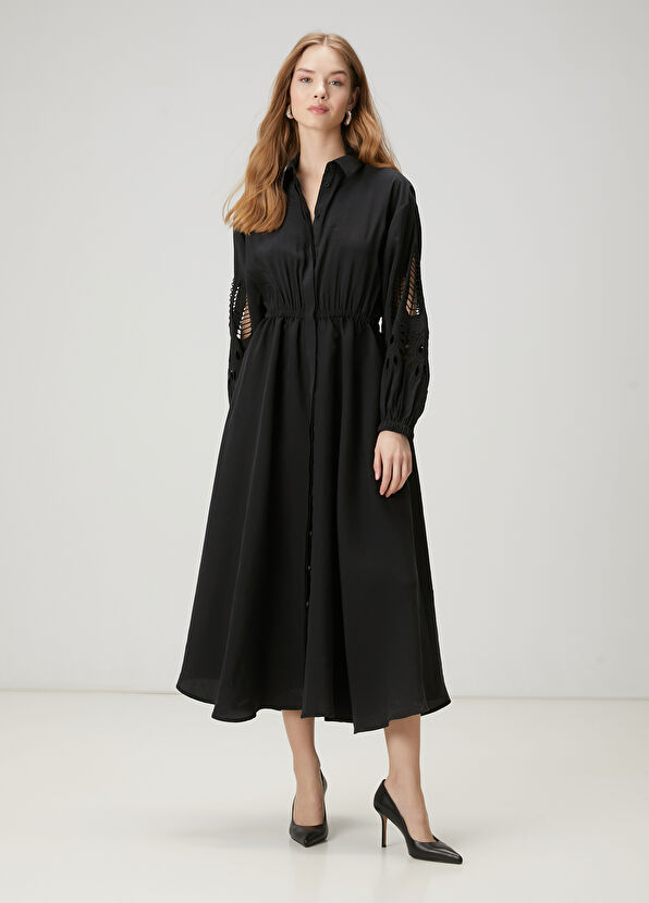 Beymen Club Siyah Nakışlı Midi Gömlek Elbise - 1