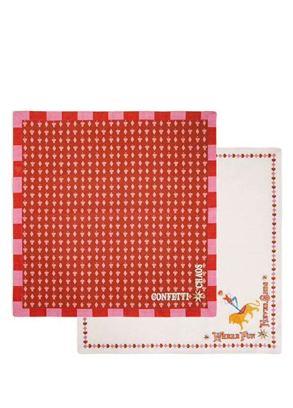 Zsa Zsa Zsu Nilüfer Digital Printed Embroidered Ecru Red Cotton 2-Piece Napkin Set - 1