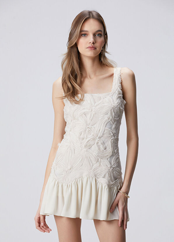 Kırık Beyaz Desenli Mini Abiye Elbise - Görsel 2