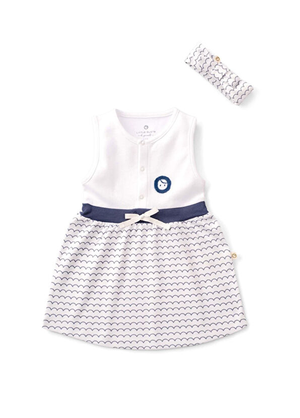 Little Gusto Dalga Desenli Organik Pamuk Bebek Elbisesi & Saç Bandı - 1