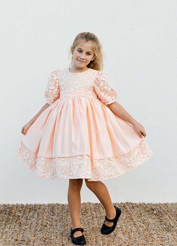 Lullmom Salmon Lace Detailed Short Sleeve Girl's Taffeta Dress - 2