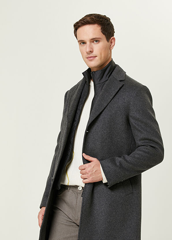 Beymen Club Grey Melange Wool Coat with Inner Collar Detail - 2