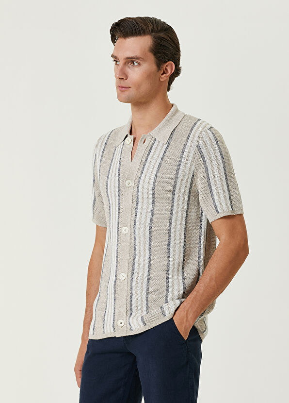 Beymen Club Bej Polo Yaka Dikey Çizgili Kısa Kollu Keten Triko - 4