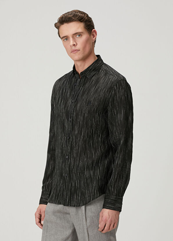 Beymen Club Comfort Fit Blue Dashed Striped Linen Shirt - 4