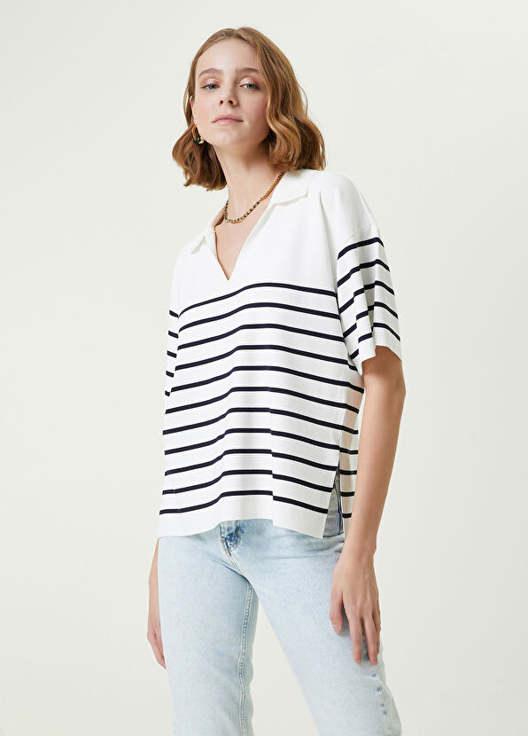 Beymen Club Navy Blue White Striped Polo Neck Sweater - 1