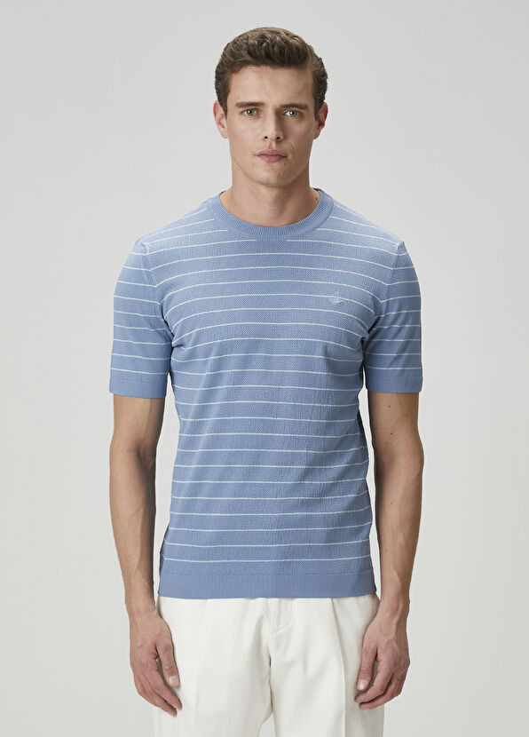 Beymen Club Blue Stripe Patterned Short Sleeve Sweater - 1