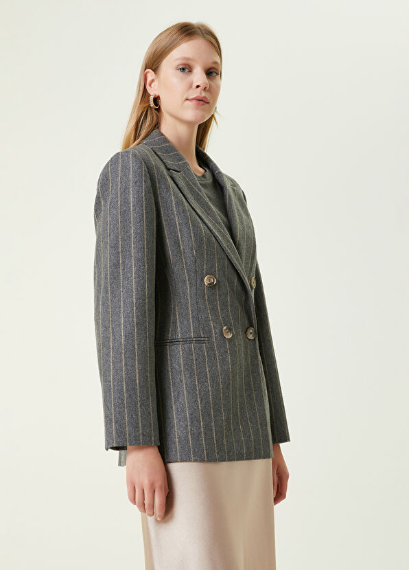 Beymen Club Grey Beige Notch Lapel Striped Double-Breasted Wool Blazer - 3