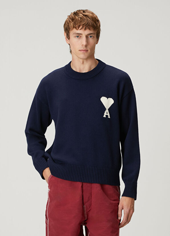 Ami Paris Navy Blue Logo Jacquard Wool Sweater - 1