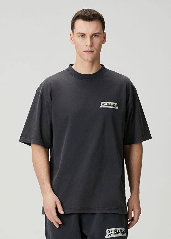 Balenciaga Masking Tape Siyah Logo Baskılı T-shirt - 1