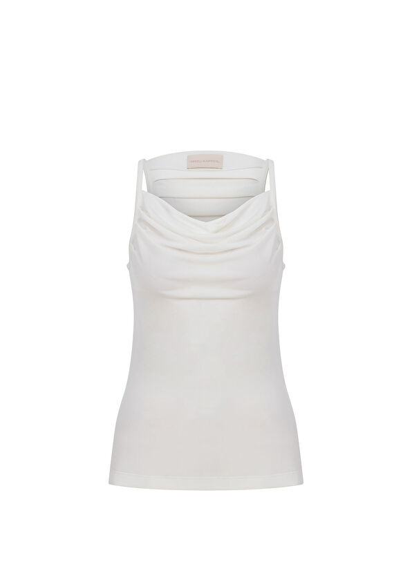 Arzu Kaprol Beyaz Drapeli Kolsuz Kadın Bluz - 1