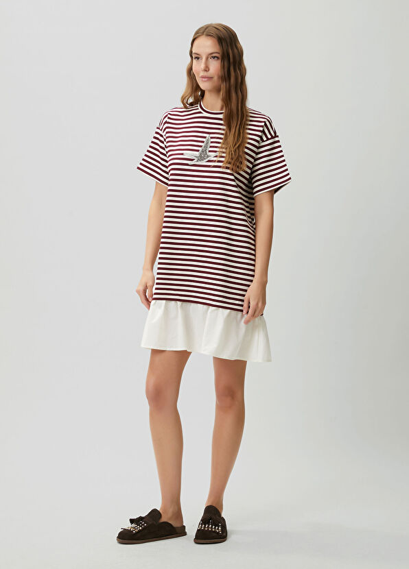 Beymen Club Beyaz Bordo Çizgili Taş Logolu Kısa Elbise - 4