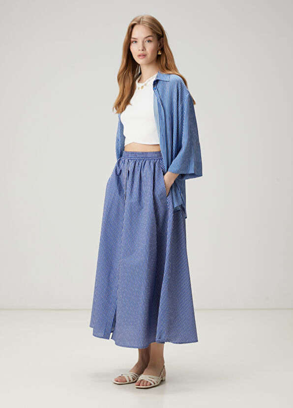 Beymen Club Koyu Mavi Çizgili Midi Etek - 1